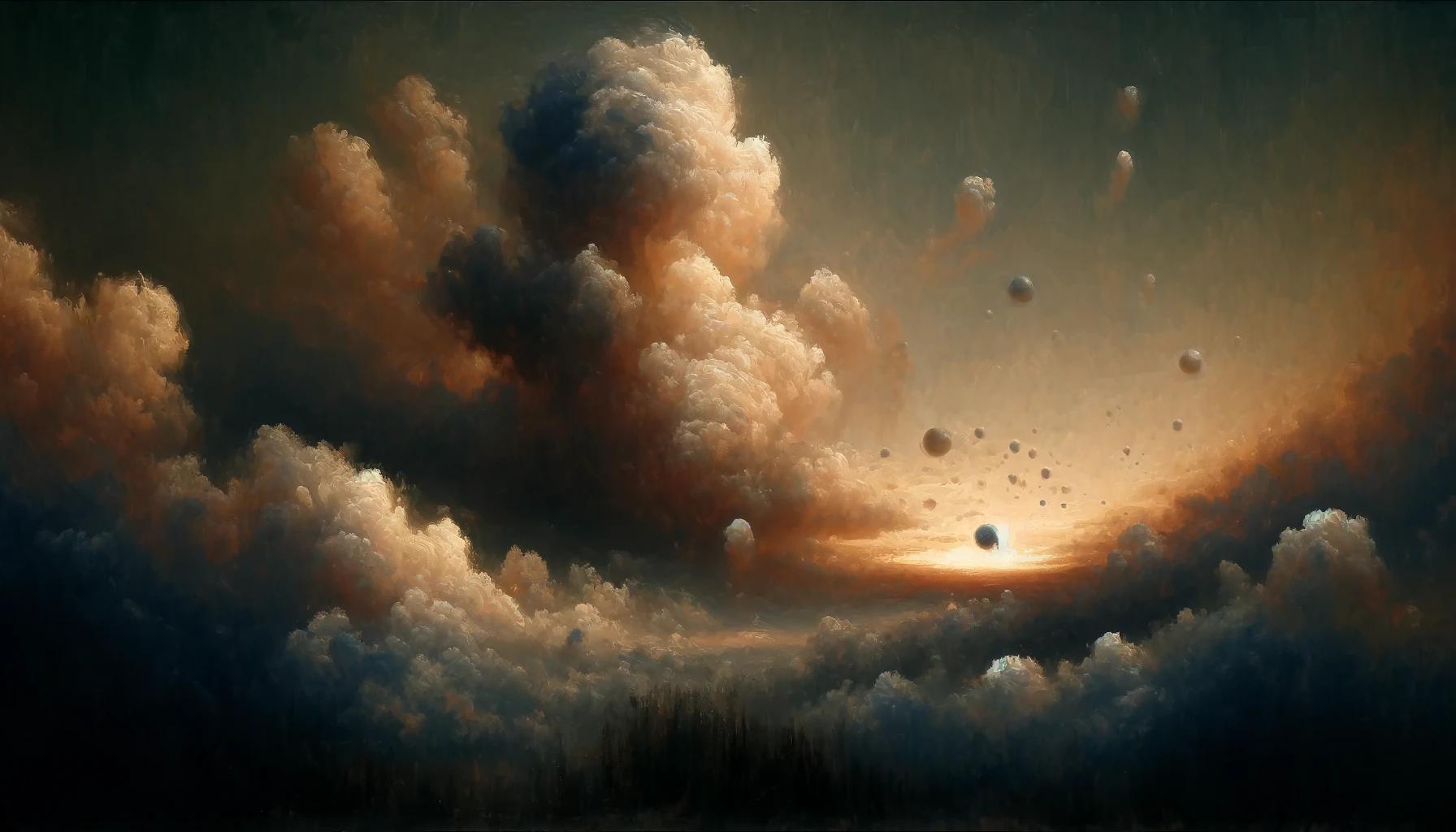 An AI generated impressionist painting depicting the clouds and a sunset with floating abstract orbs