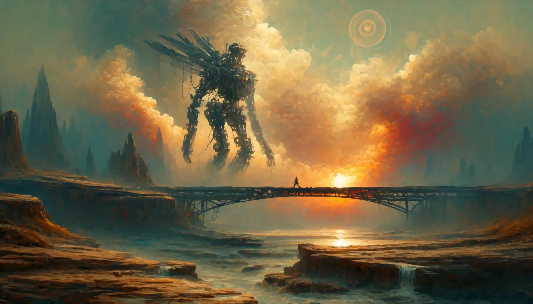 AI Generated Impressionist painting of a monstrous mechatronic traversing the oceans with a human subject crossing the bridge in the foreground