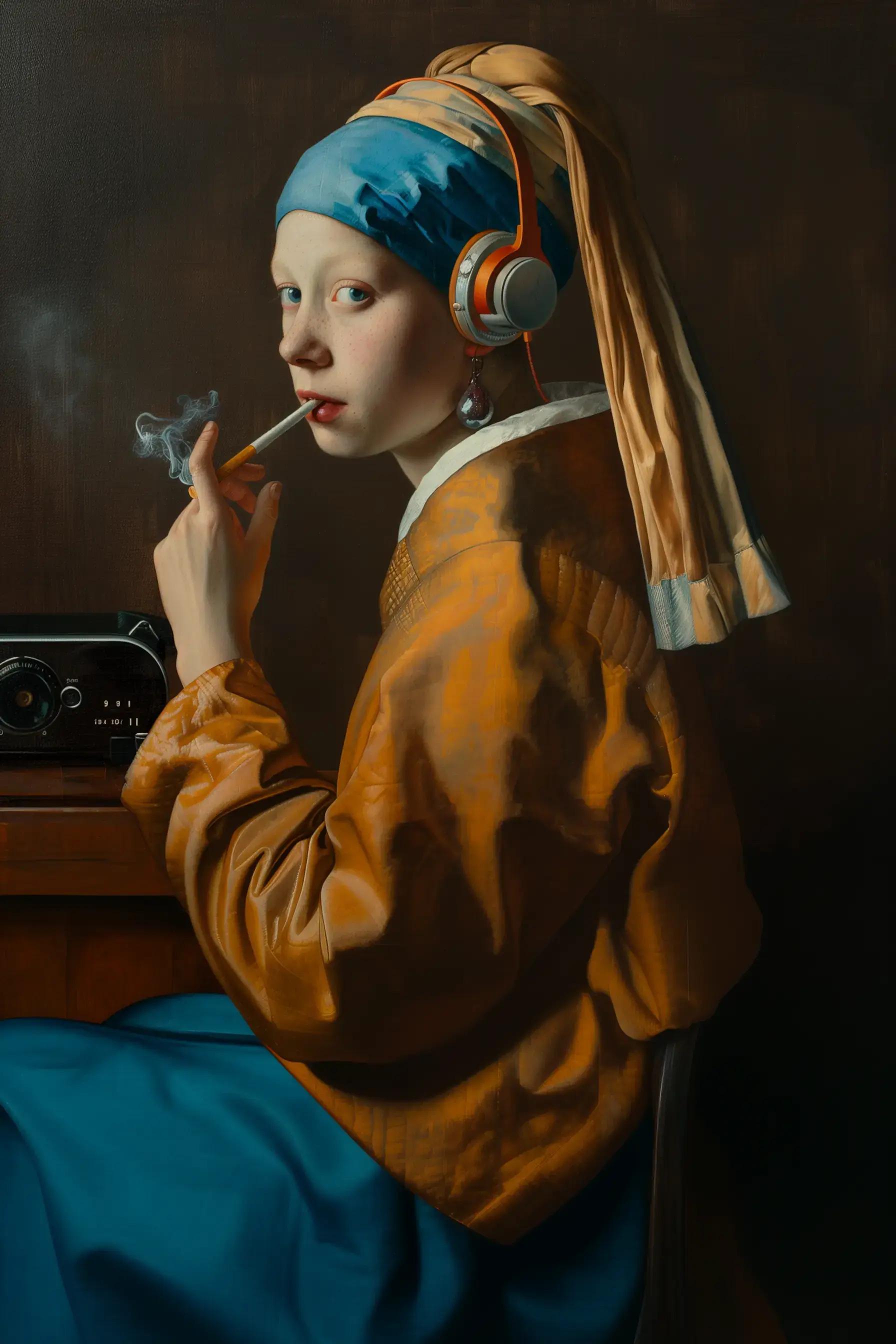 AI Generated Image of 'Girl with a Pearl Earring' smoking a cigarette with over-ear headphones