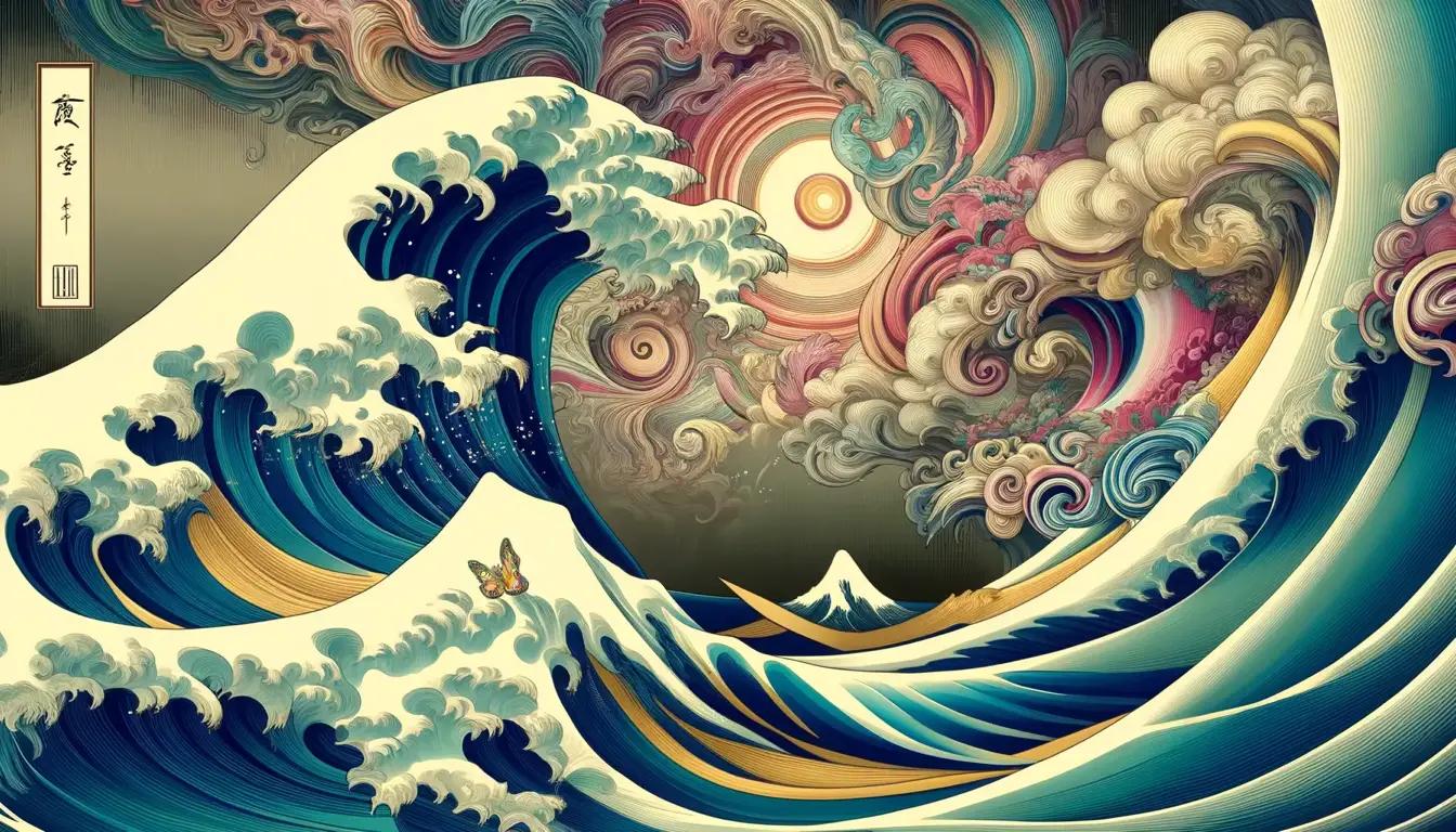 AI Generated Painting of The Great Wave off Kanagawa with additional japanese inspired elements in the background