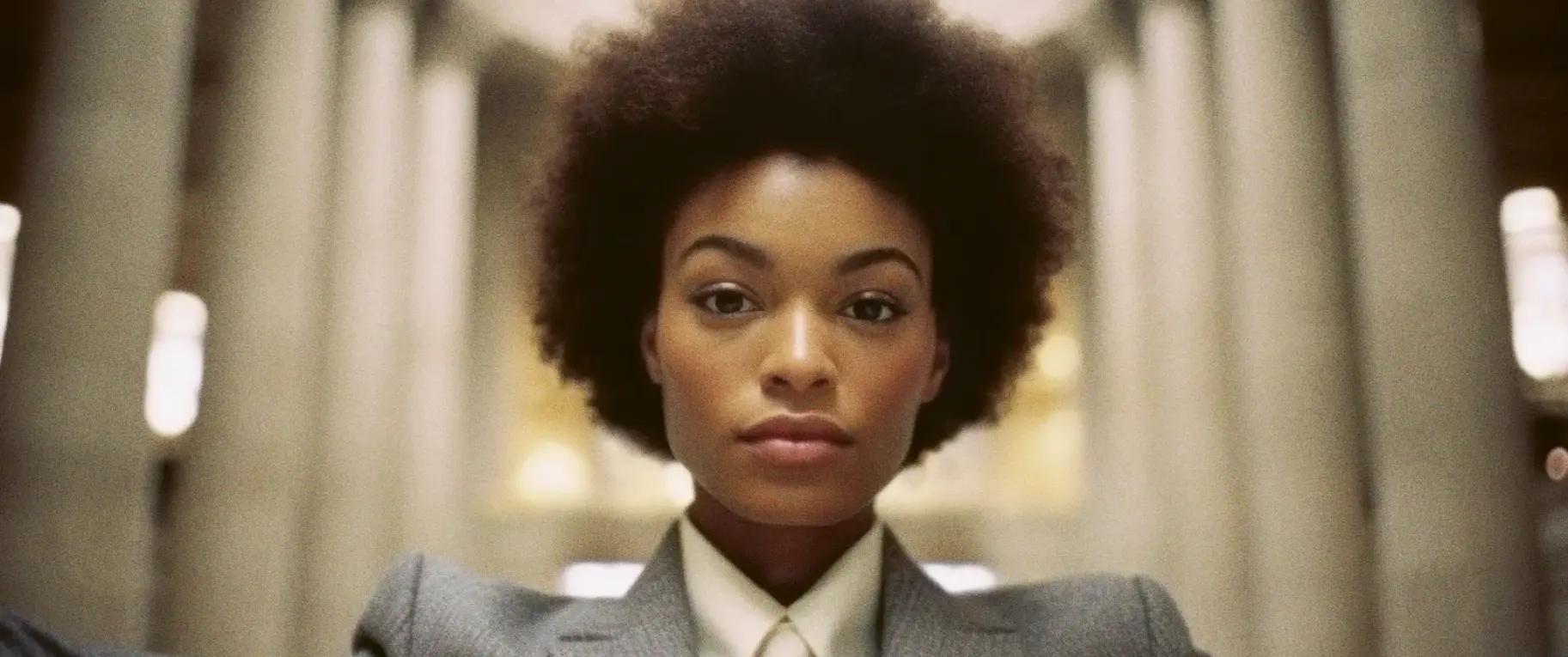 AI generated image of a dark skin, fictional female model wearing a suit with concrete pillars in the background