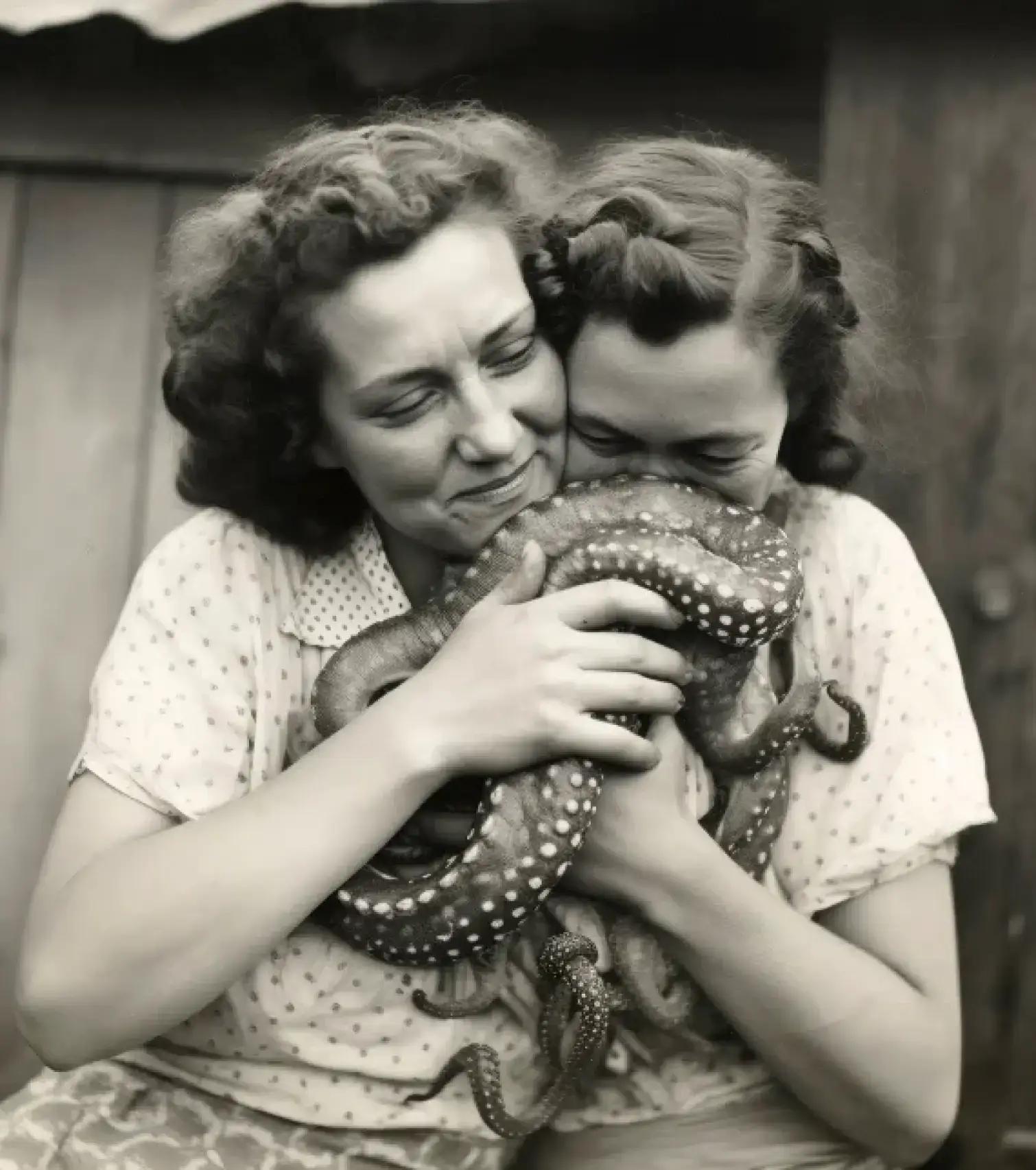 An AI generated black and white photo depicting two women dressed in 90s style, snuggling with an octopus